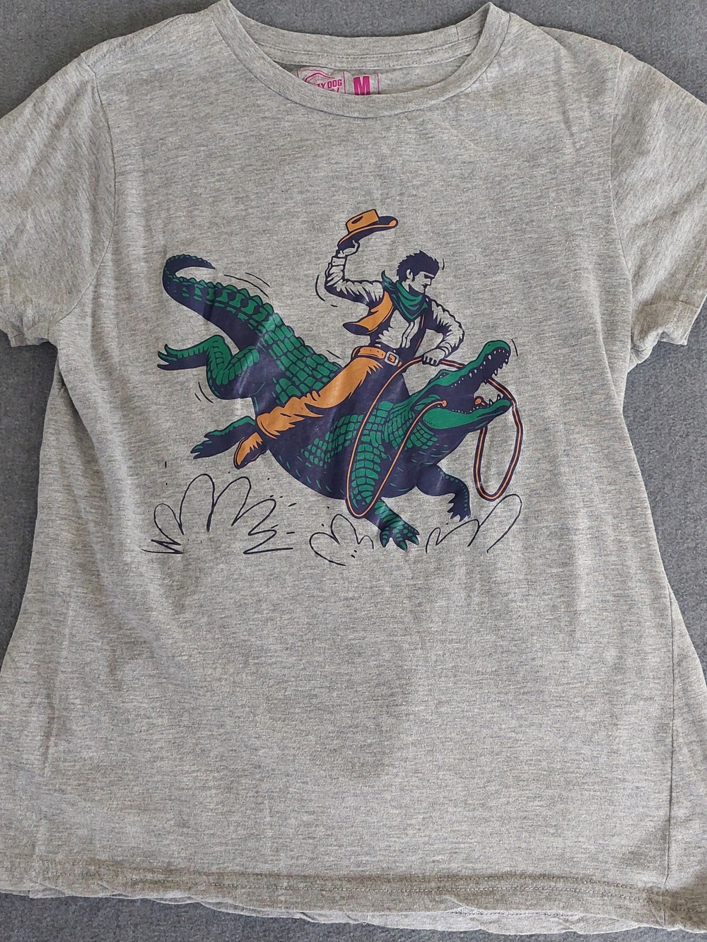 Crazy Dog T-Shirts Cowboy Riding Alligator Womens Graphic Tee Gray Medium